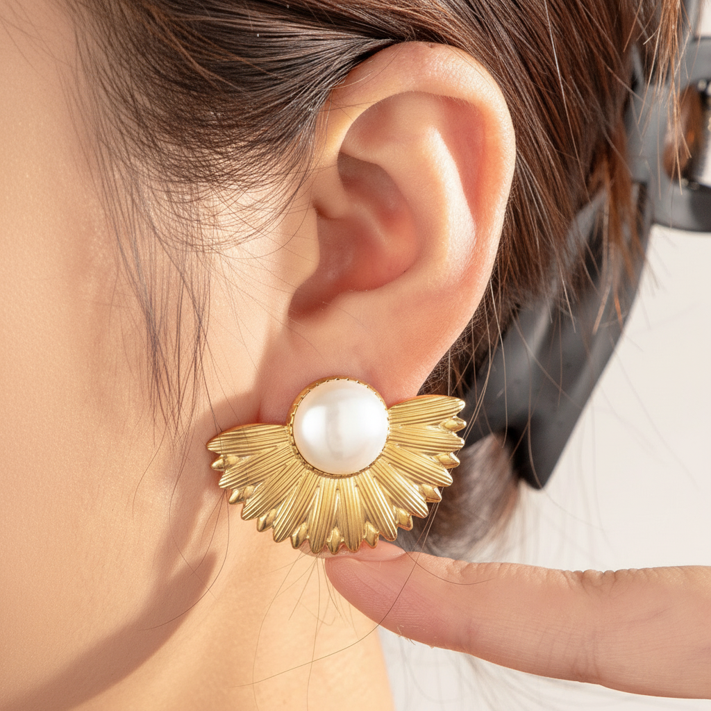 Aretes Abanico Dorado | Acero Inoxidable