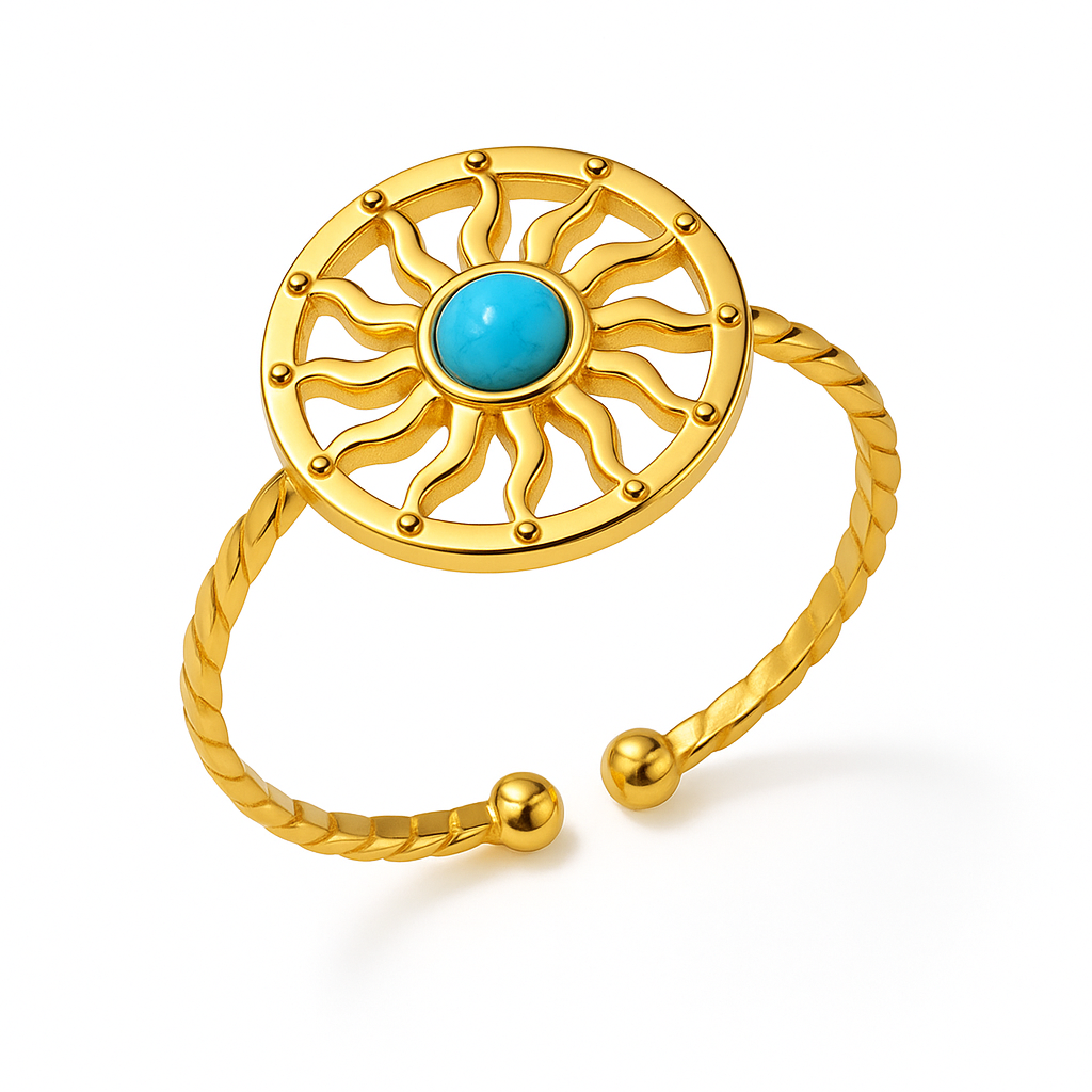 Anillo Mandala Solar | Acero Inoxidable | Piedra Turquesa