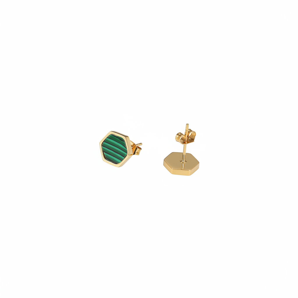 Aretes Hexa Esmeralda | Acero Inoxidable | Chapa Oro 18k